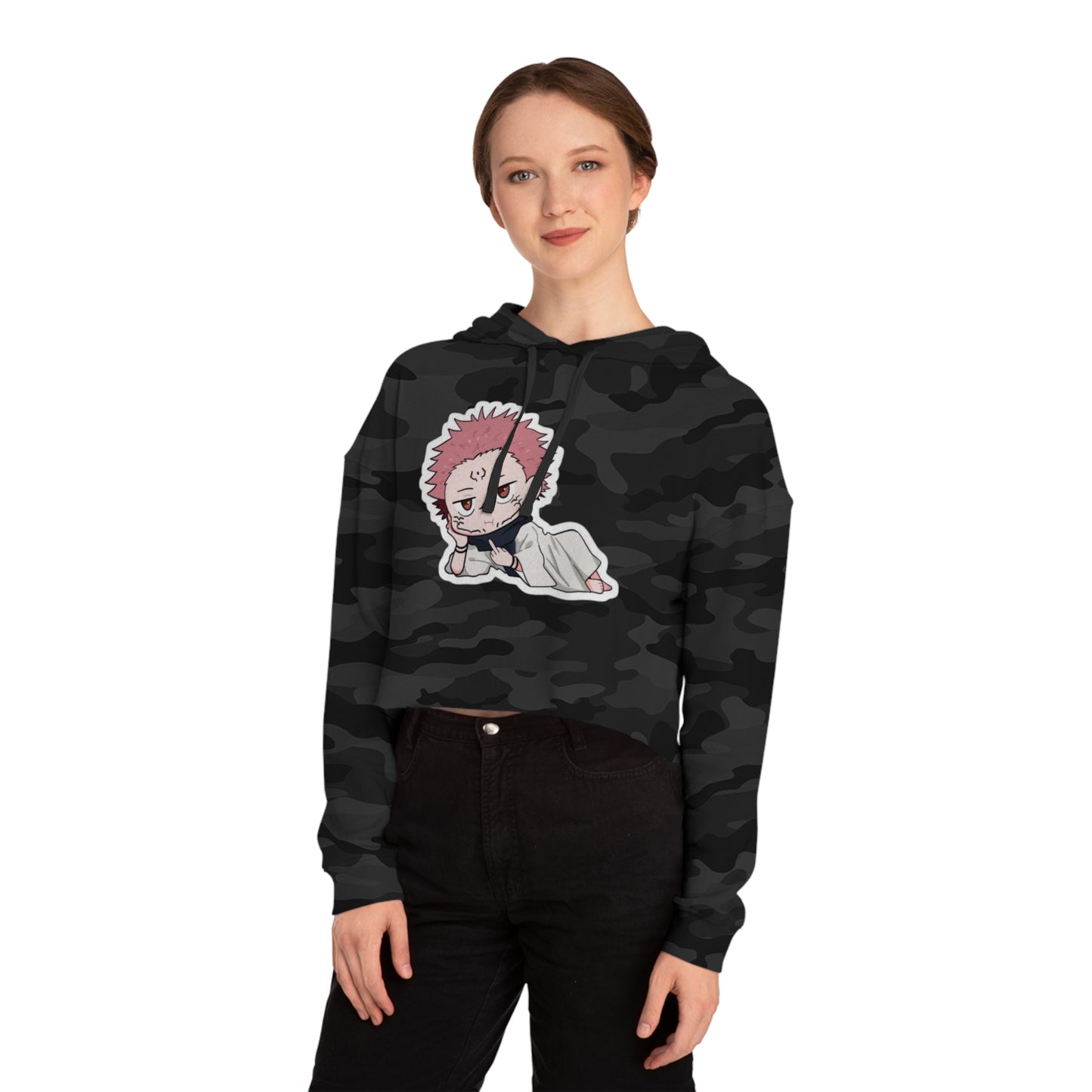 Anime-Inspired Women's Cropped Hooded Sweatshirt - Cute Character Design
