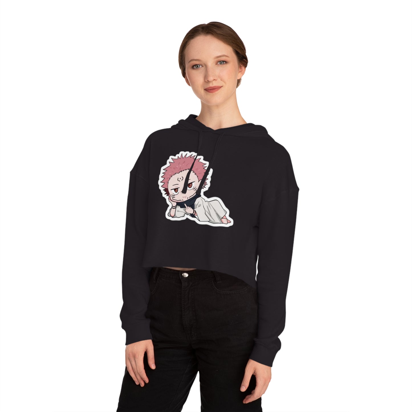 Anime-Inspired Women's Cropped Hooded Sweatshirt - Cute Character Design