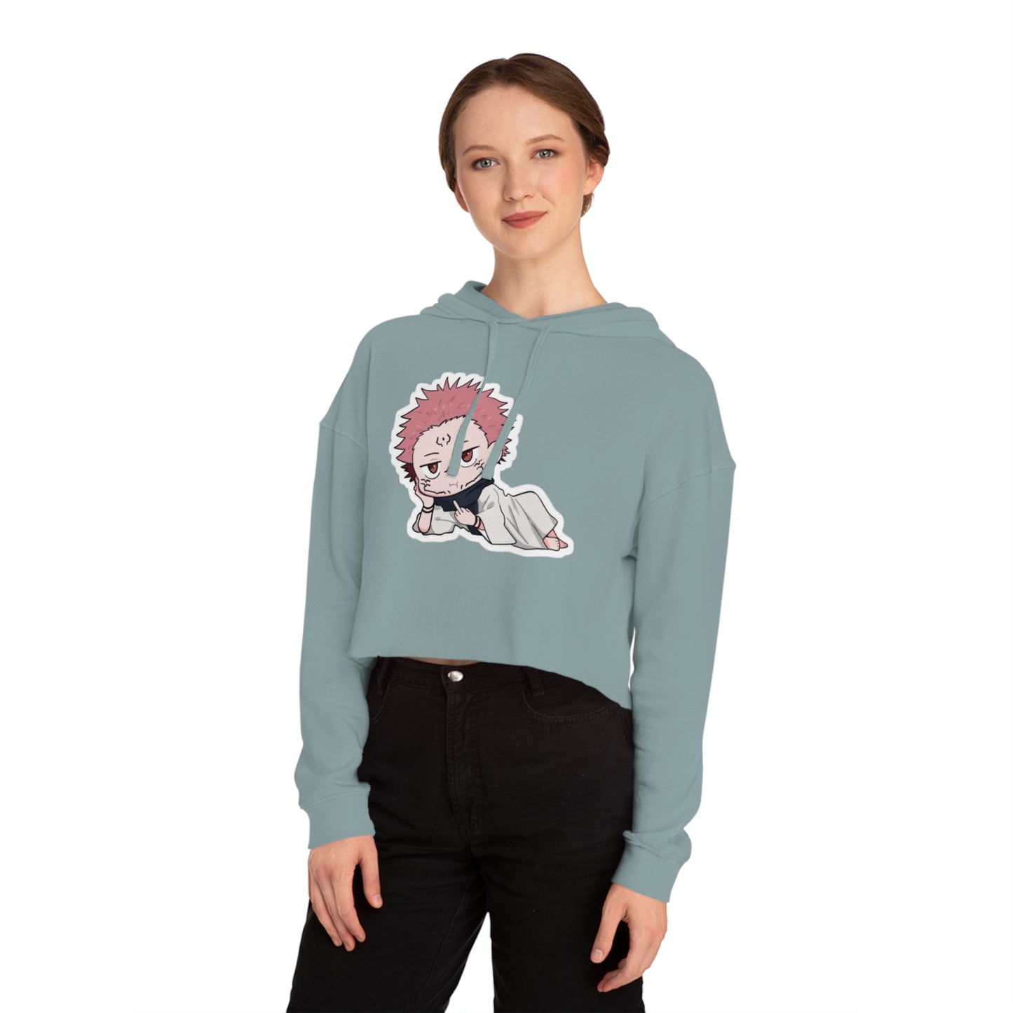Anime-Inspired Women's Cropped Hooded Sweatshirt - Cute Character Design